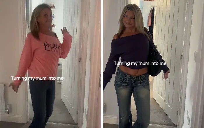 Side-by-side mother makeovers comparison featuring a mom in pink versus stylish purple top and low-rise jeans