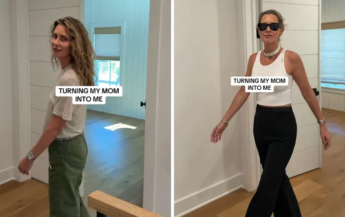 Stylish mother makeovers featuring a woman in casual wear transformed with a chic white tank top.