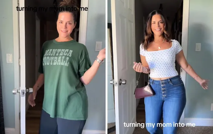 Side-by-side mother makeovers showing a mom in a green t-shirt and then in a stylish white top.