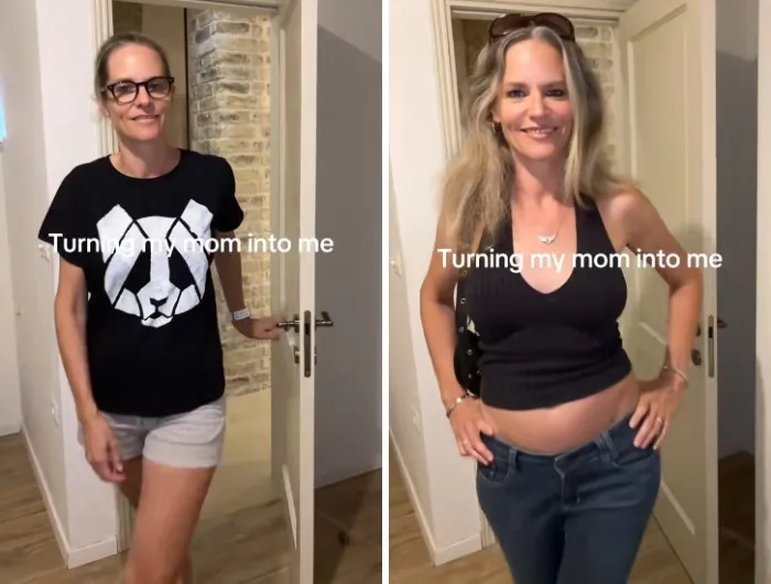 Before and after mother makeovers with a mom in a panda tee transformed into a trendy black halter top.