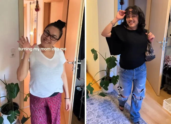 Mother makeovers showing a mom waving in a white tee and then posing in ripped jeans and sunglasses.