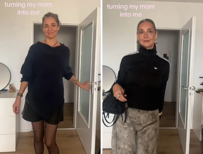 A split screen depicting a stylish mother makeover from a knit sweater to a sporty zip-up and cool pants.