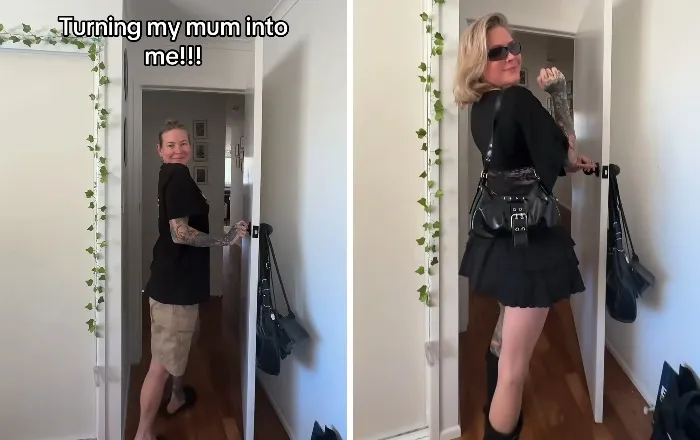 A split screen displaying a mother makeover from casual shorts to a trendy all-black gothic outfit.
