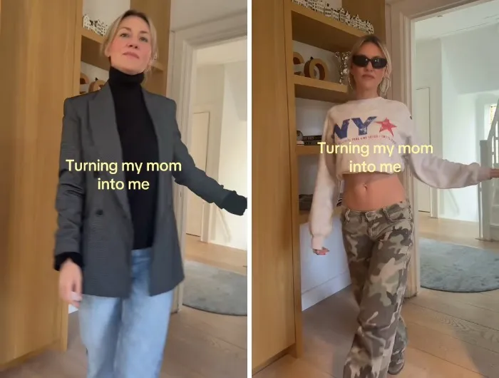 A split screen showing a mother makeover in a stylish gray blazer and then a crop top with camo pants.