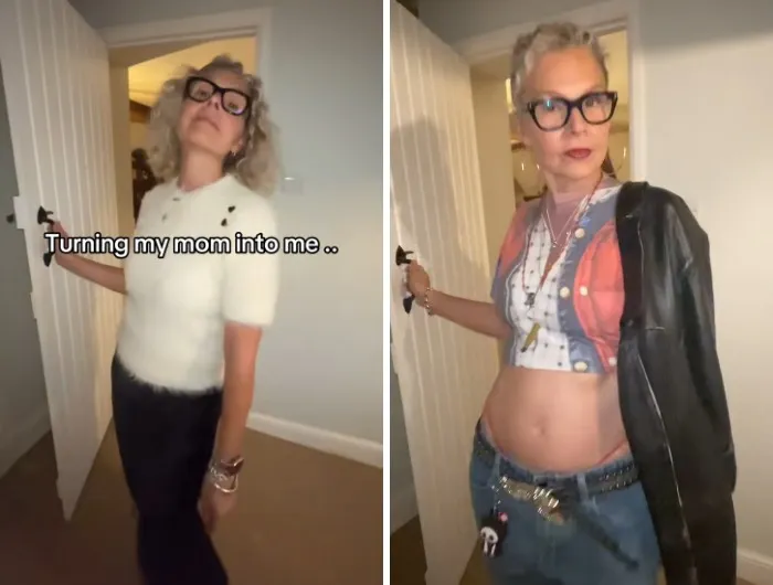 A split screen showing a mother makeover from a fuzzy white top to a bold crop top and leather jacket.