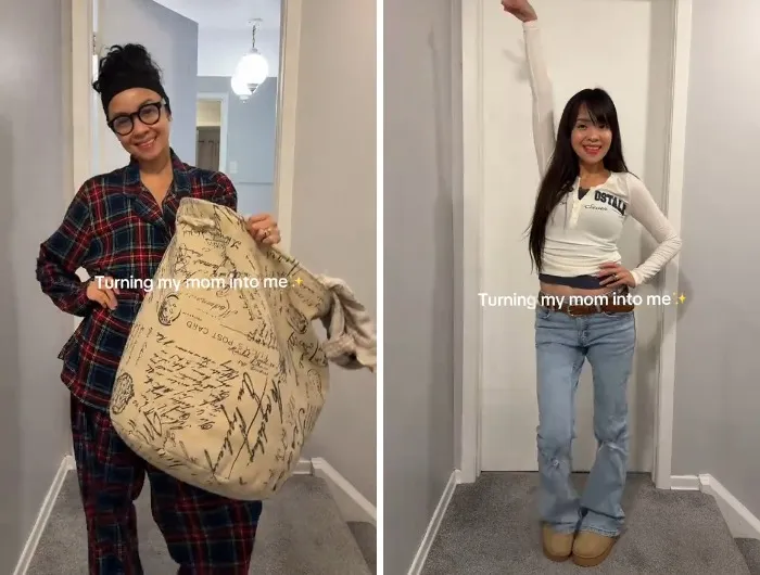 Before and after mother makeovers showing a mom in plaid pajamas and then in trendy jeans.