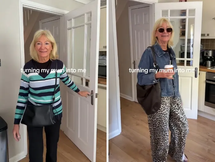 Side-by-side mother makeover with a striped sweater look and a trendy denim jacket with leopard print trousers.