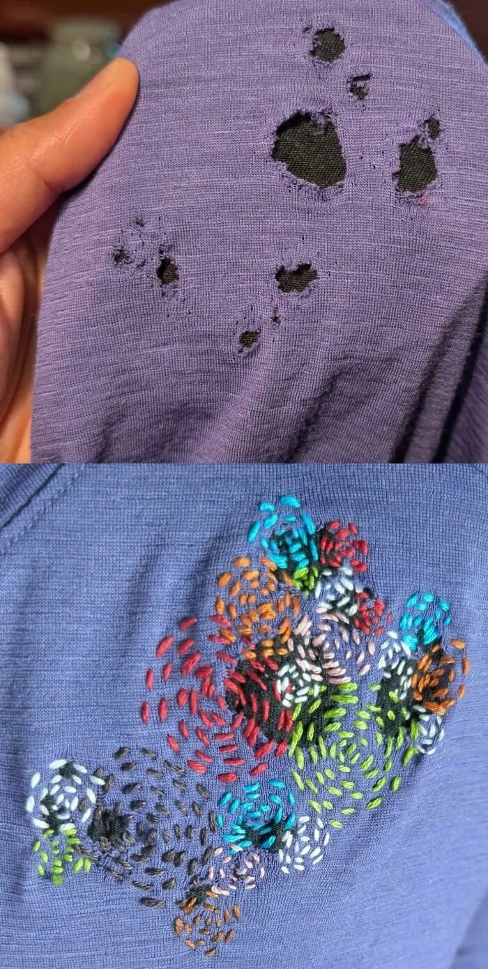 Before and after visible embroidery repair on a purple shirt, proving creativity can save money on wardrobe fixes