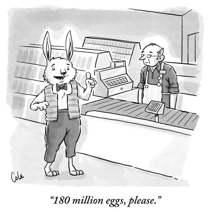 Black and white comics showing the Easter Bunny at a grocery store checkout ordering millions of eggs.