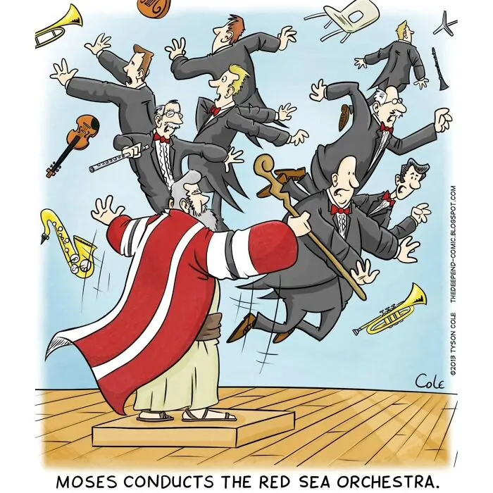 Colorful comics illustrating Moses leading an orchestra where musicians fly through the air.