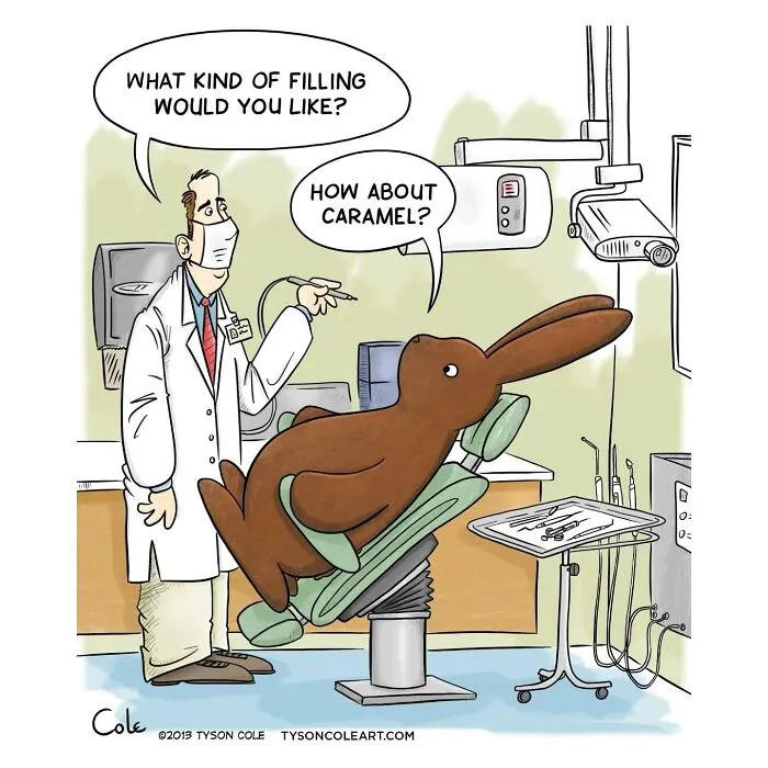 Funny comic by cartoonist showing a chocolate bunny at the dentist asking for caramel filling.