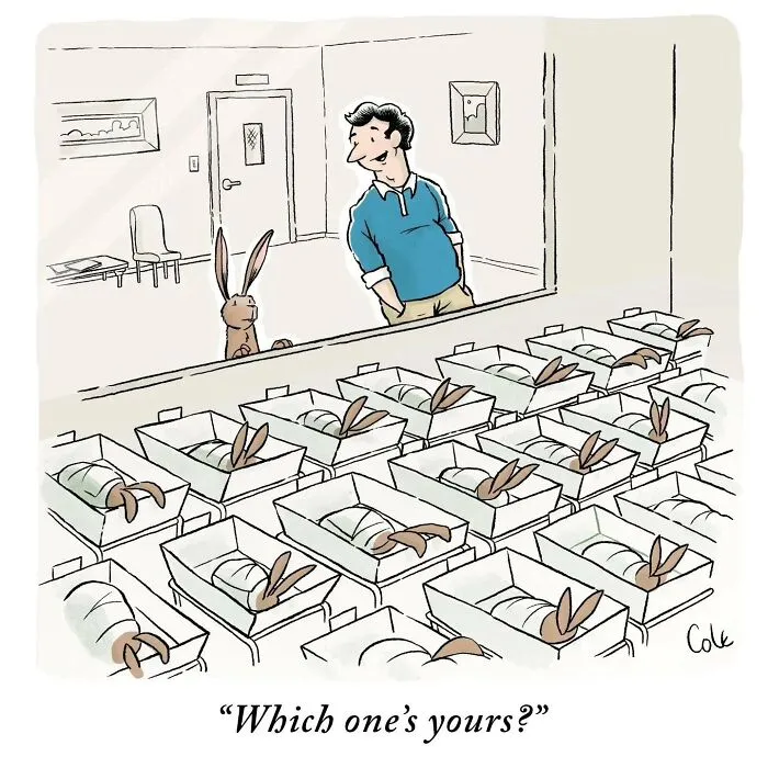 Single panel comics featuring a human and a rabbit looking into a hospital nursery filled with baby bunnies.