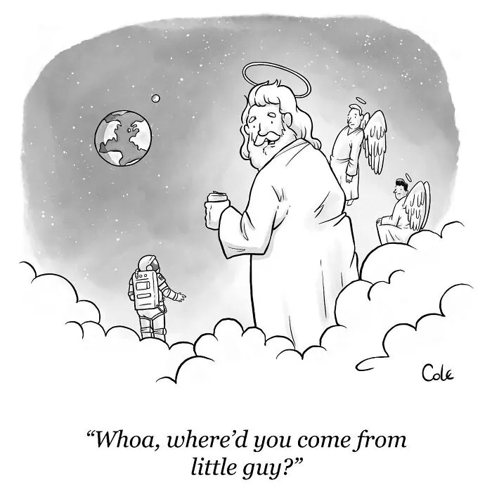 A cartoonist comic illustration of God in space reacting with surprise upon discovering a small astronaut.