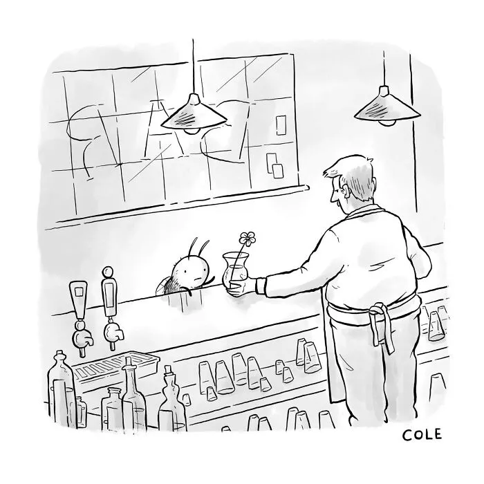 A comic by a cartoonist showing a bartender serving a tiny vase of flower water to a bee at a bar.