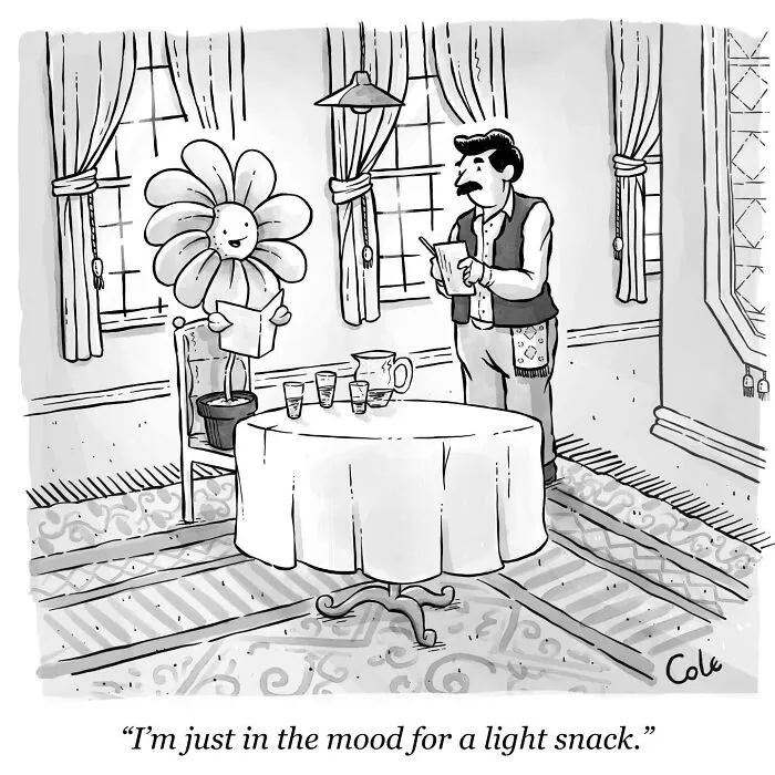 Funny single-panel comic of a potted flower ordering a light snack from a waiter at a restaurant table.