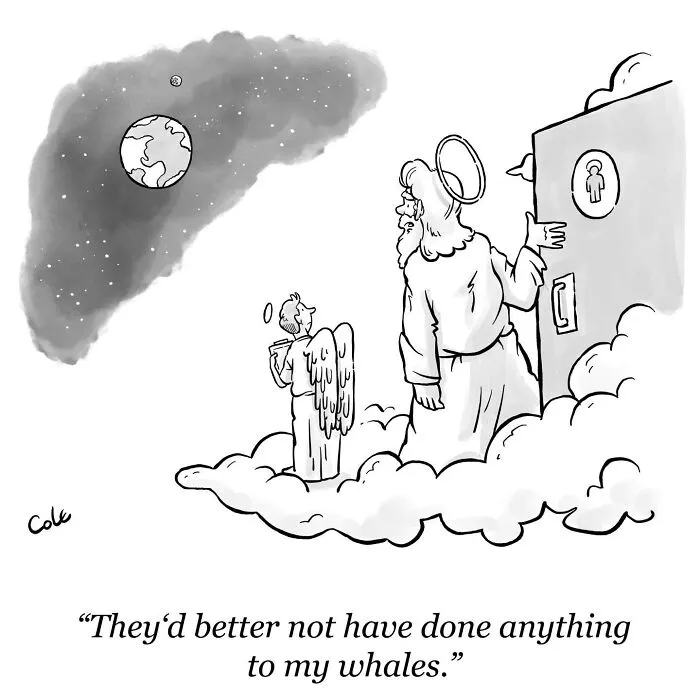 Single-panel cartoonist comic showing God looking down at Earth with an angel by his side.