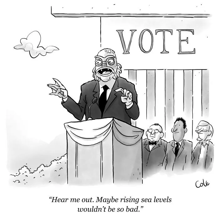 Humorous cartoonist comic showing a sea creature running for office behind a podium.
