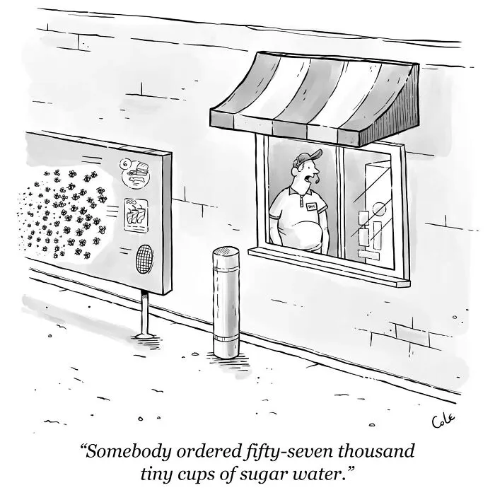 Humorous cartoonist single-panel comic showing a drive-thru worker speaking to a swarm of bees.