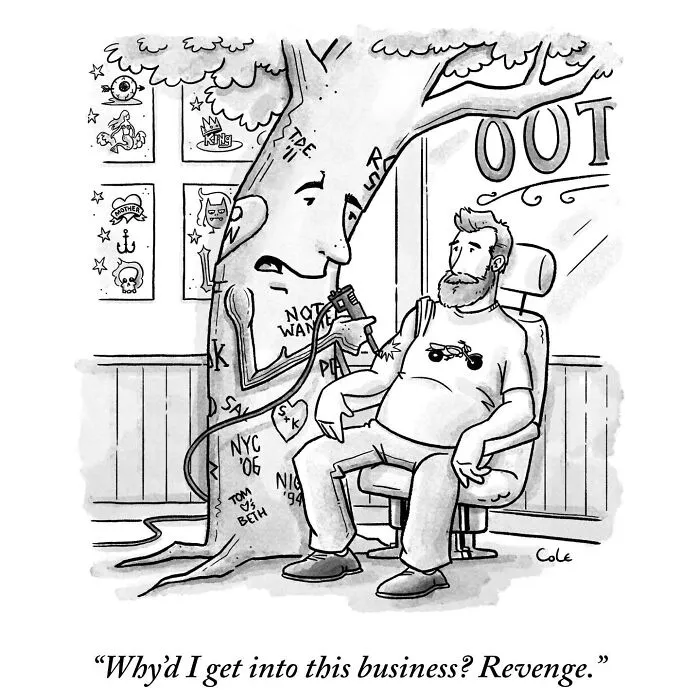 A cartoonist drawing of a living tree working as a tattoo artist carving initials onto a man.