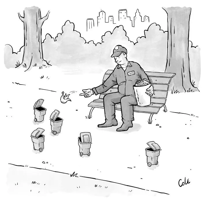 A funny cartoon by a cartoonist showing a park worker feeding banana peels to tiny trash cans like pigeons.