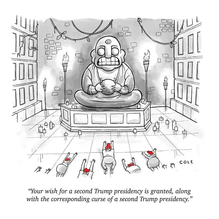 A humorous cartoonist comic panel featuring worshippers prostrating before a giant stone statue.