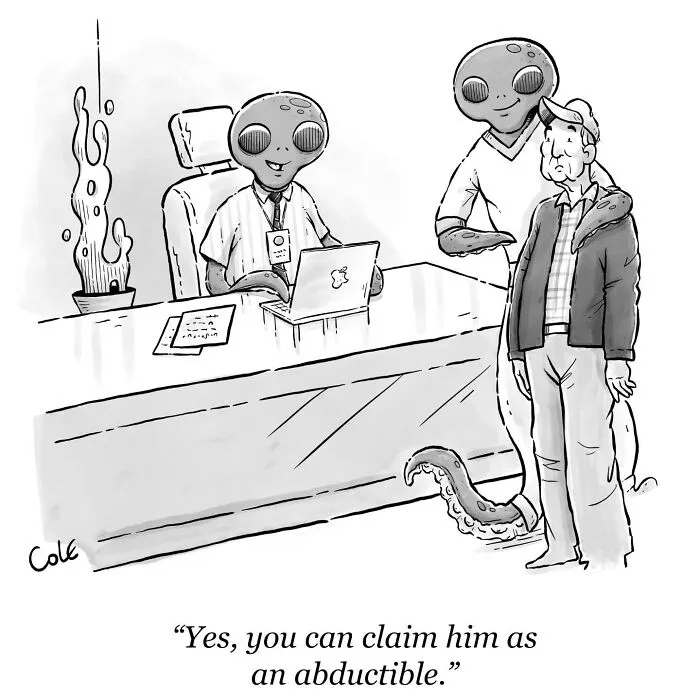 An alien cartoonist comic depicting extraterrestrial beings discussing tax deductions for an abducted human.