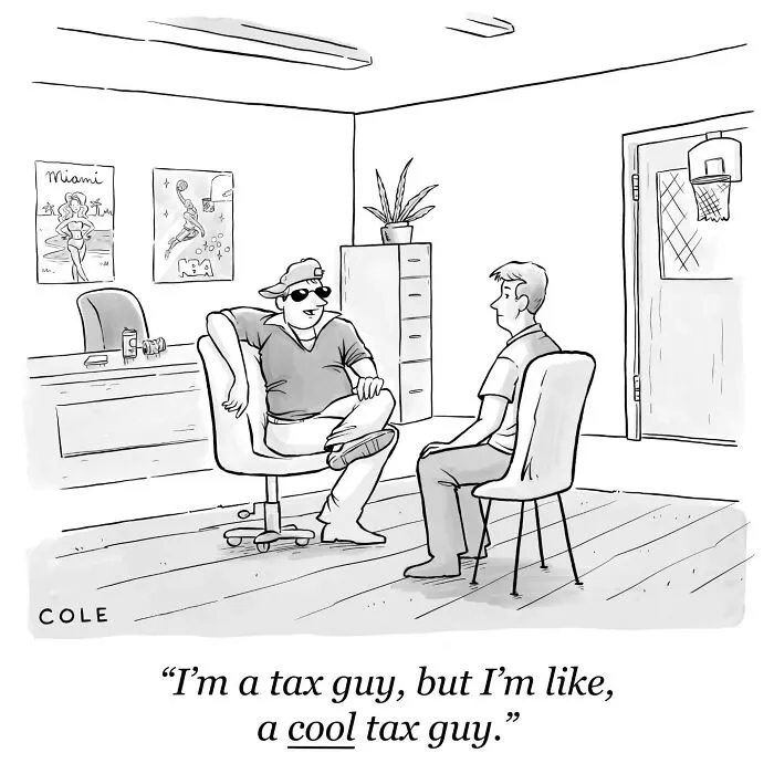 A funny cartoonist comic showing a relaxed man in sunglasses talking to a client in an office.