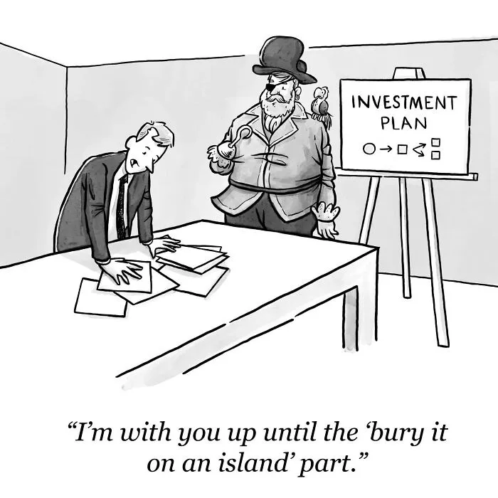 Funny comic showing a businessman discussing an investment plan with a pirate captain in an office.