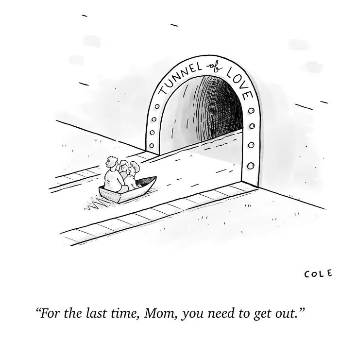 A funny cartoonist single-panel comic featuring a couple in a Tunnel of Love ride with an unwanted mother.