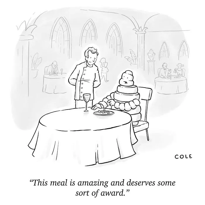 New comics illustration showing the Michelin Man dining at a fancy restaurant and talking to a waiter.