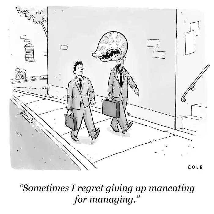 Surreal comic by a cartoonist depicting a businessman walking alongside a suit-wearing carnivorous plant.
