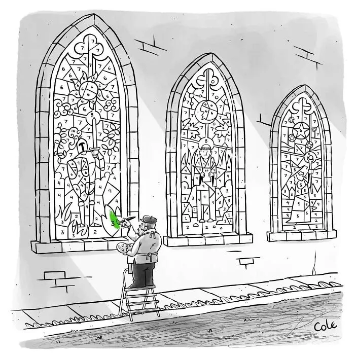 A cartoonist drawing of an artist using color-by-number techniques to paint stained glass church windows.