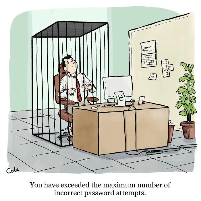 New comics illustration of a businessman sitting trapped inside a tall metal cage at his office desk.