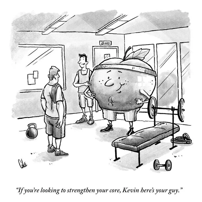 Humorous single-panel comic by cartoonist featuring a giant anthropomorphic apple at the gym.