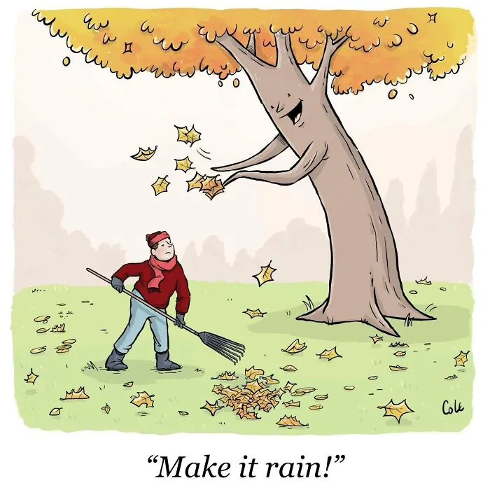 Color cartoonist drawing of an animated tree throwing leaves at a man raking the yard