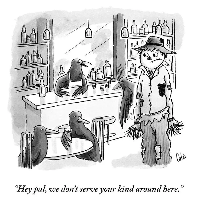 Black and white cartoonist comic panel of a scarecrow entering a bar filled with crows