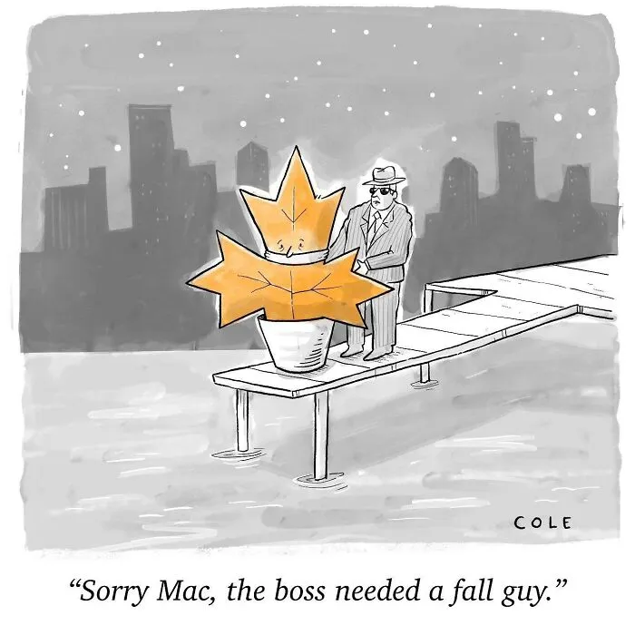 Funny single panel web comic by a cartoonist about a mobster pushing a leaf off a pier as a fall guy