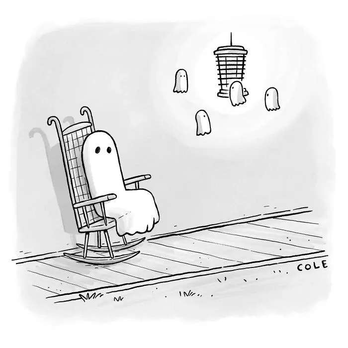 Humorous web comic by a cartoonist depicting a ghost in a rocking chair watching tiny ghosts eat from a feeder