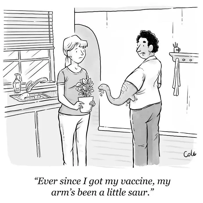 Funny cartoonist illustration of a man showing a woman his arm that turned into a dinosaur after a vaccine