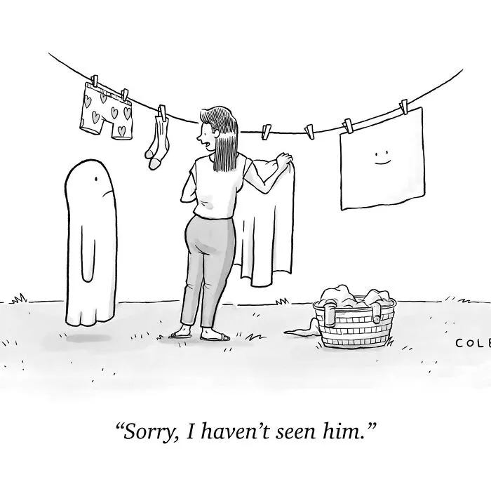Humorous cartoonist panel showing a woman hanging laundry while talking to a ghost pretending to be a sheet