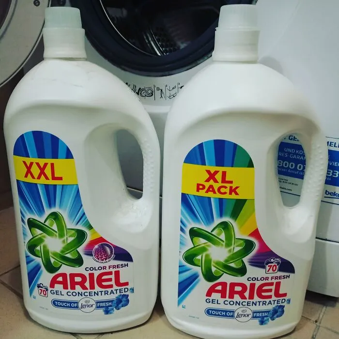 Two detergent bottles labeled XXL and XL Pack of the same size, showing funny advertising fails.