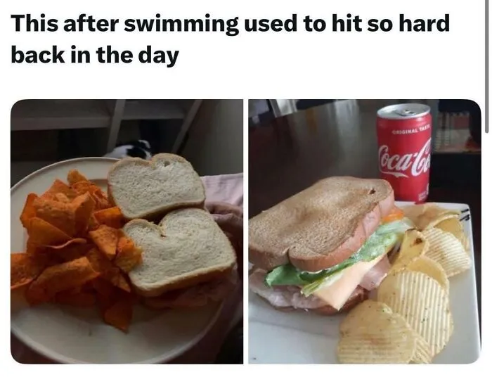 Simple sandwich and chips lunch, reminding 80s kids of nostalgic photos from their childhoods after swimming.