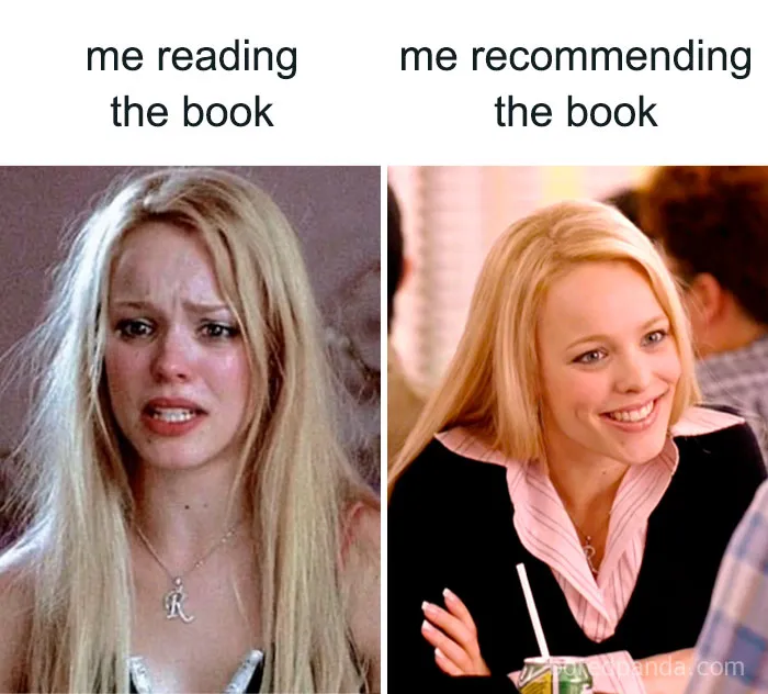 Reading meme comparing emotional reactions while reading and recommending a book