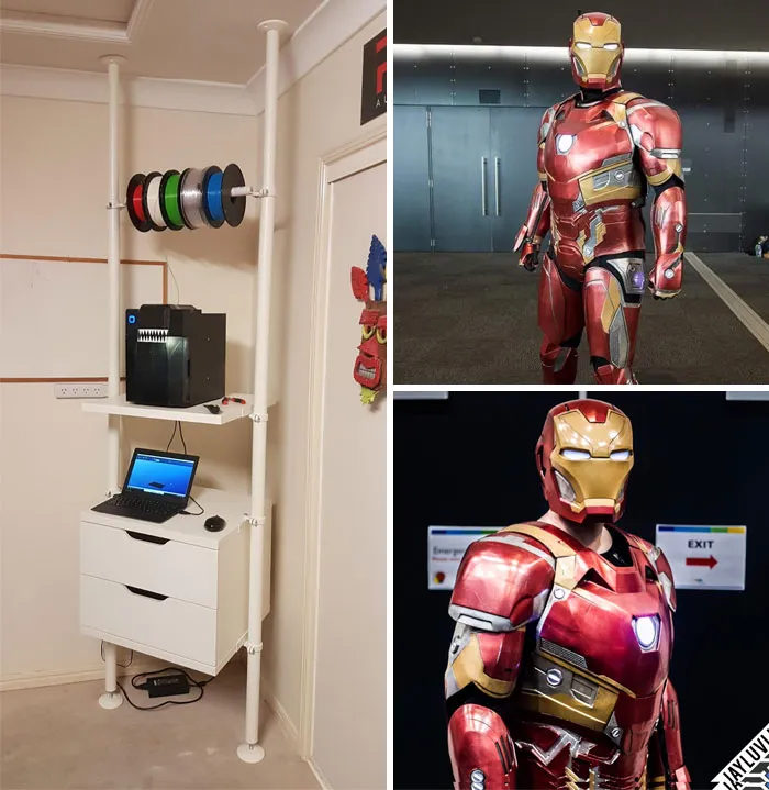 Side-by-side images of a 3D printer workstation and a detailed Iron Man cosplay suit.