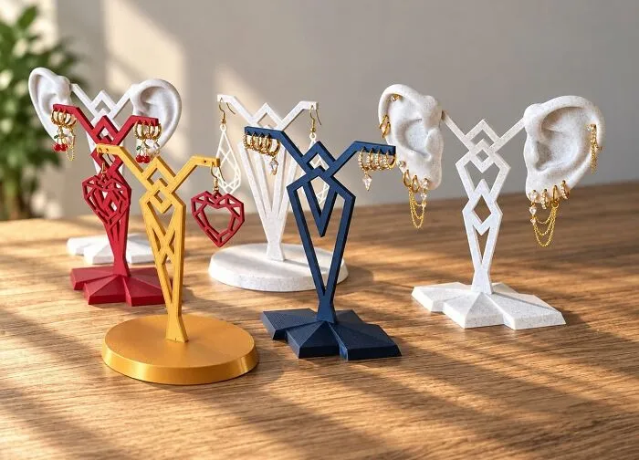 Artistic earring holder stands shaped like ears created using a 3D printer