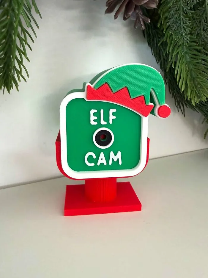 A creative elf cam camera ornament made with a 3D printer