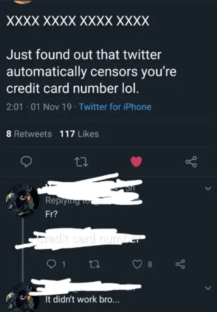 Absurd moment in a Twitter thread showing someone tricked into revealing their credit card details.