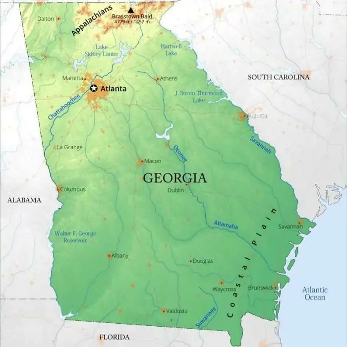 Detailed map of Georgia showing cities and rivers near neighboring states