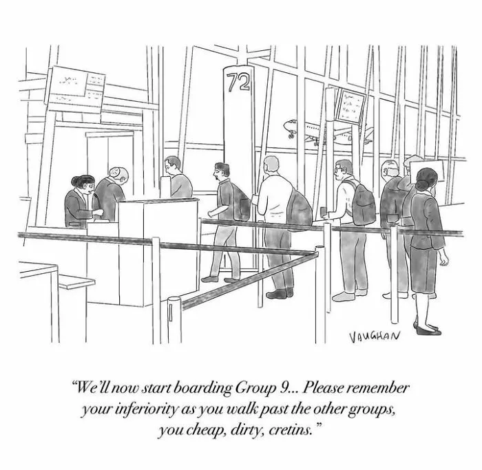 Comic about boarding group 9 with humor on airline boarding comedy