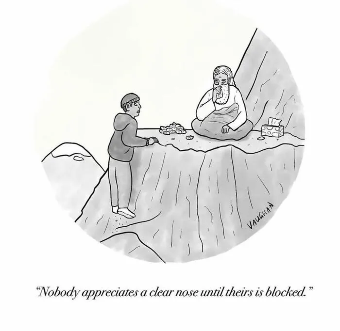 Man talking to a meditating sage on a mountain in a comedy comic